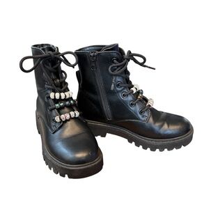 Black Zip-Up Combat Boots with Laces & Decorative Bead Accents Size 2 Girls